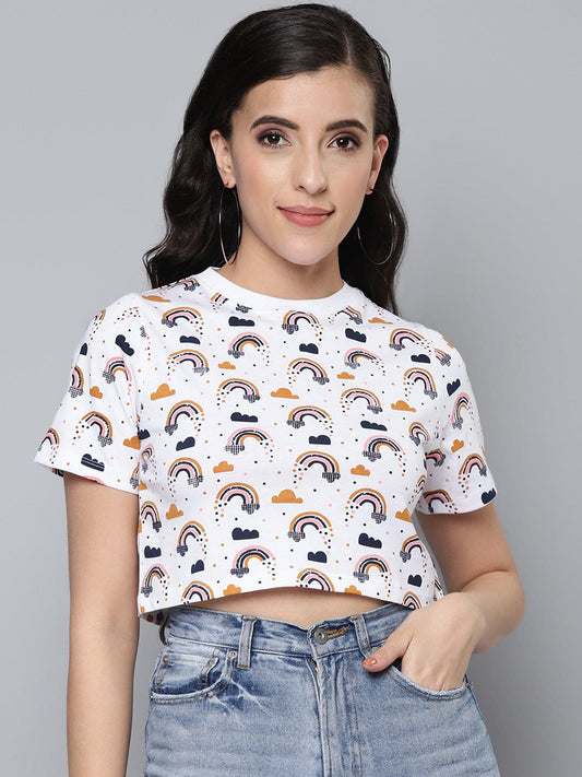 Women White Rainbow Slim Fit Crop T-Shirt-T-Shirts-SASSAFRAS