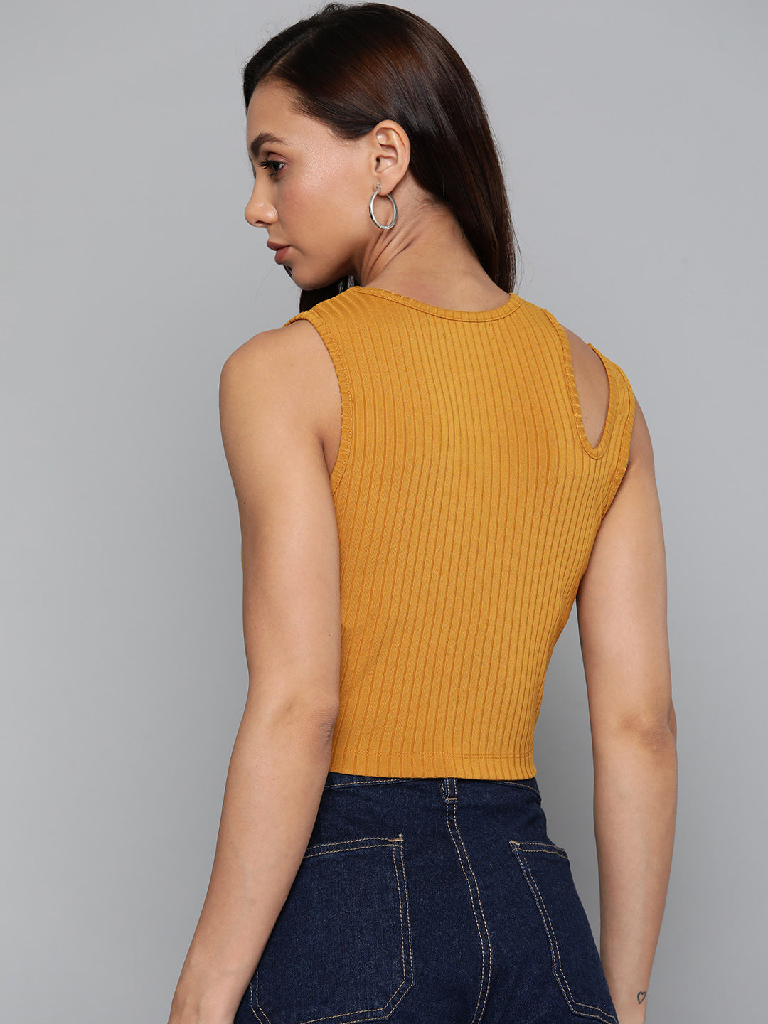 Women Mustrad Rib Shoulder Cut Out Crop Top