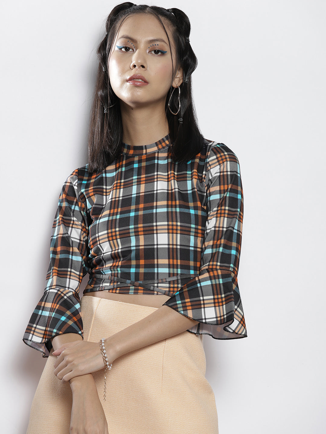 Women Yellow Check Knit High Neck Tie-Waist Crop Top