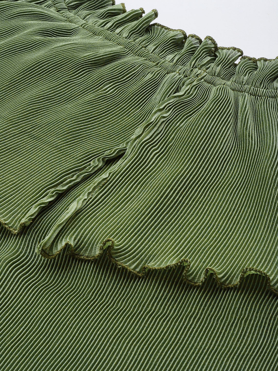 Women Olive Pleated Chinon Frill Bardot Top