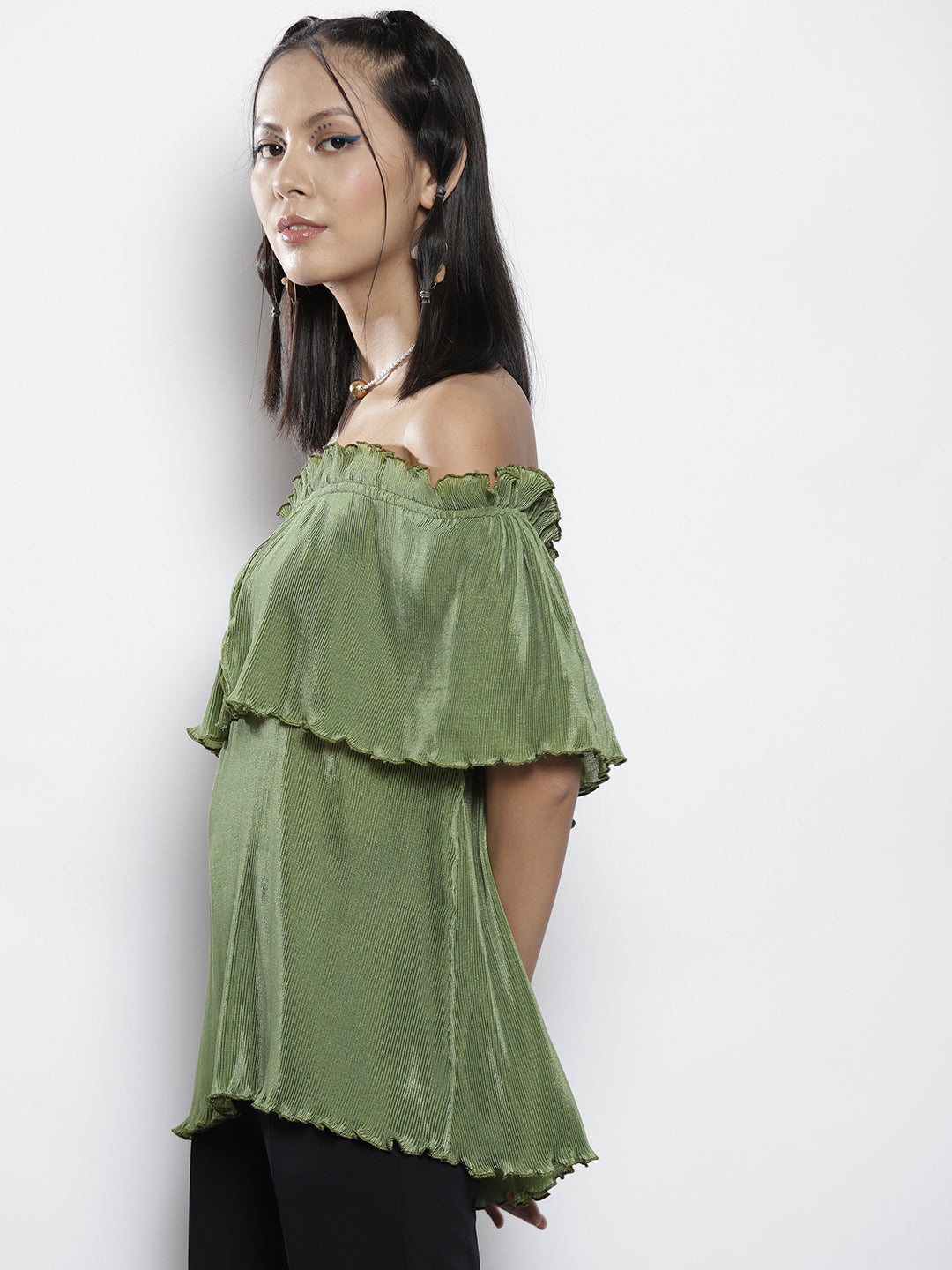 Women Olive Pleated Chinon Frill Bardot Top