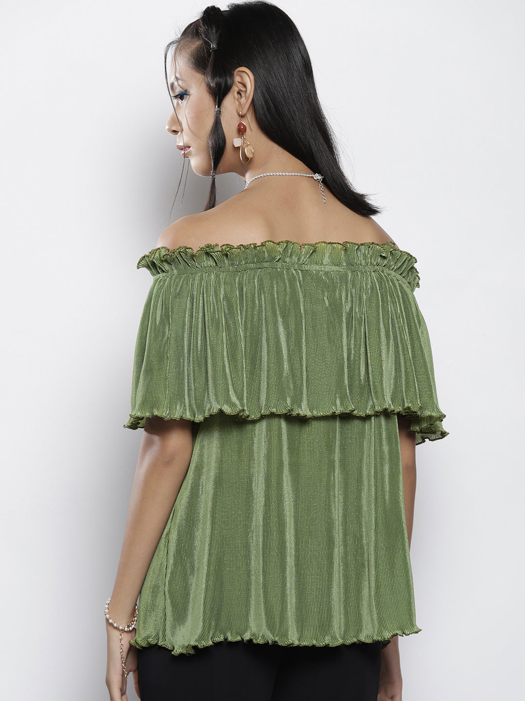 Women Olive Pleated Chinon Frill Bardot Top