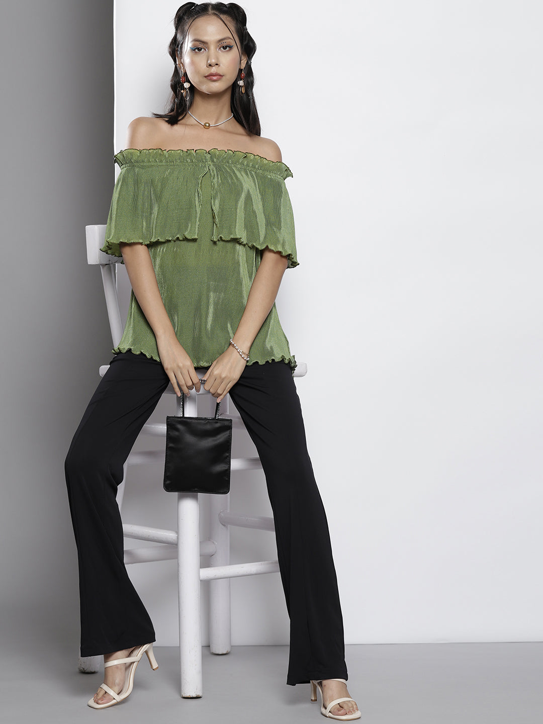 Women Olive Pleated Chinon Frill Bardot Top