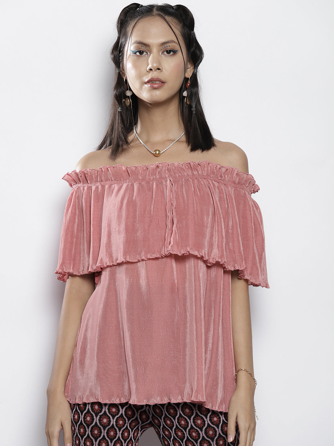 Women Pink Pleated Chinon Frill Bardot Top