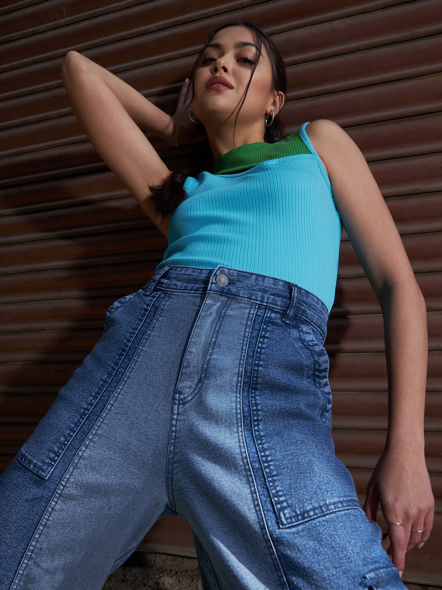Turquoise Rib Colorblock Cut Out Top-SASSAFRAS