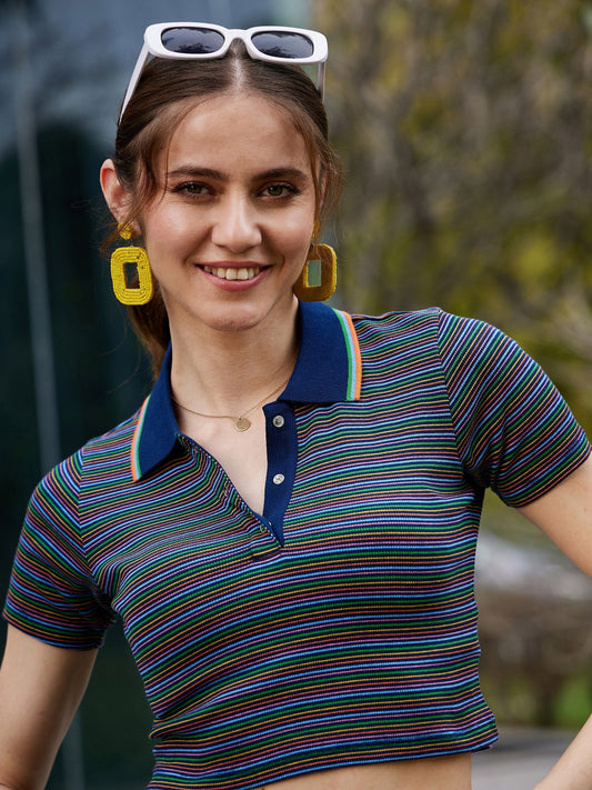 Navy Multi Striped Polo Neck Rib Crop Top-SASSAFRAS