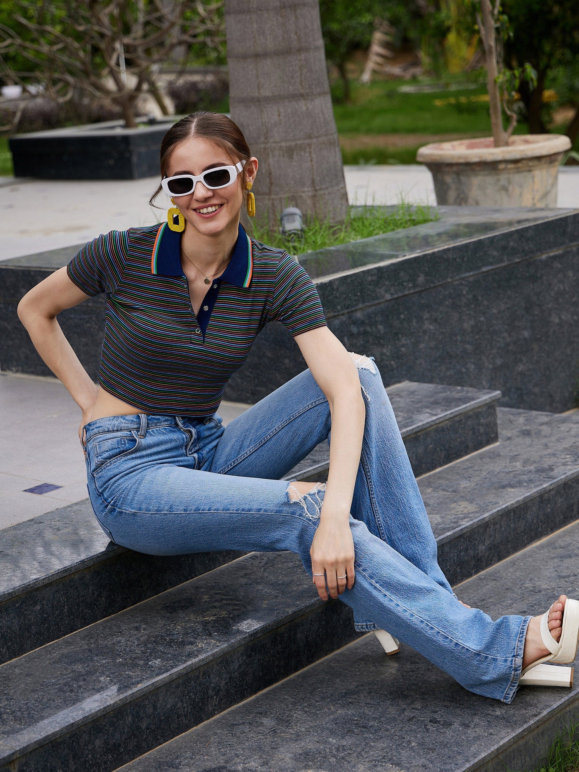 Navy Multi Striped Polo Neck Rib Crop Top-SASSAFRAS