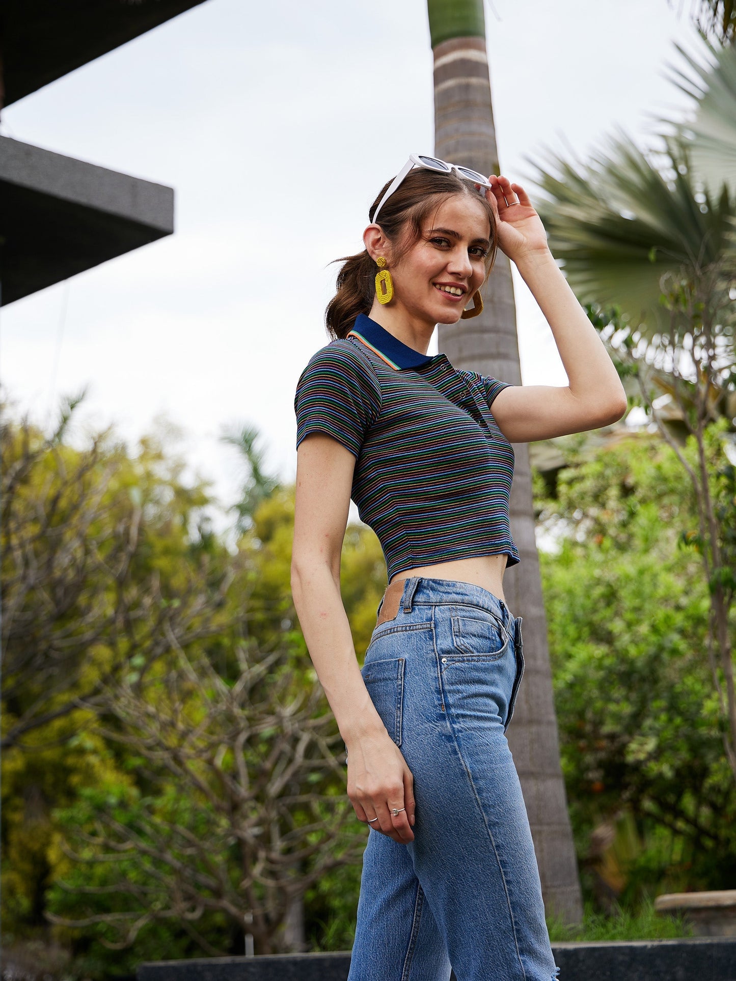 Navy Multi Striped Polo Neck Rib Crop Top-SASSAFRAS