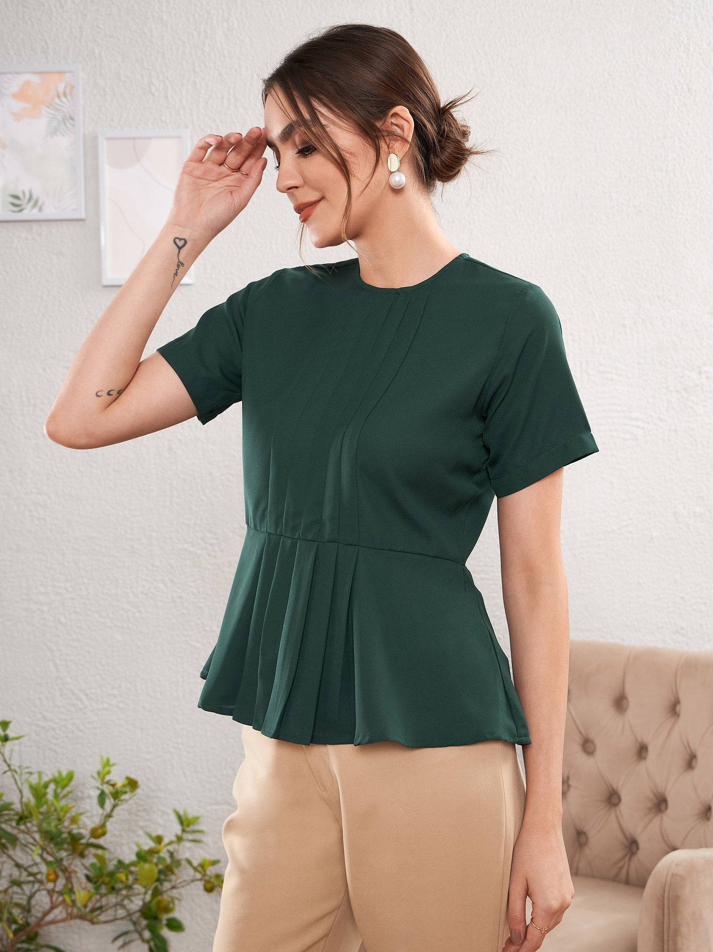 Women Emerald Green Front Pleated Peplum Top