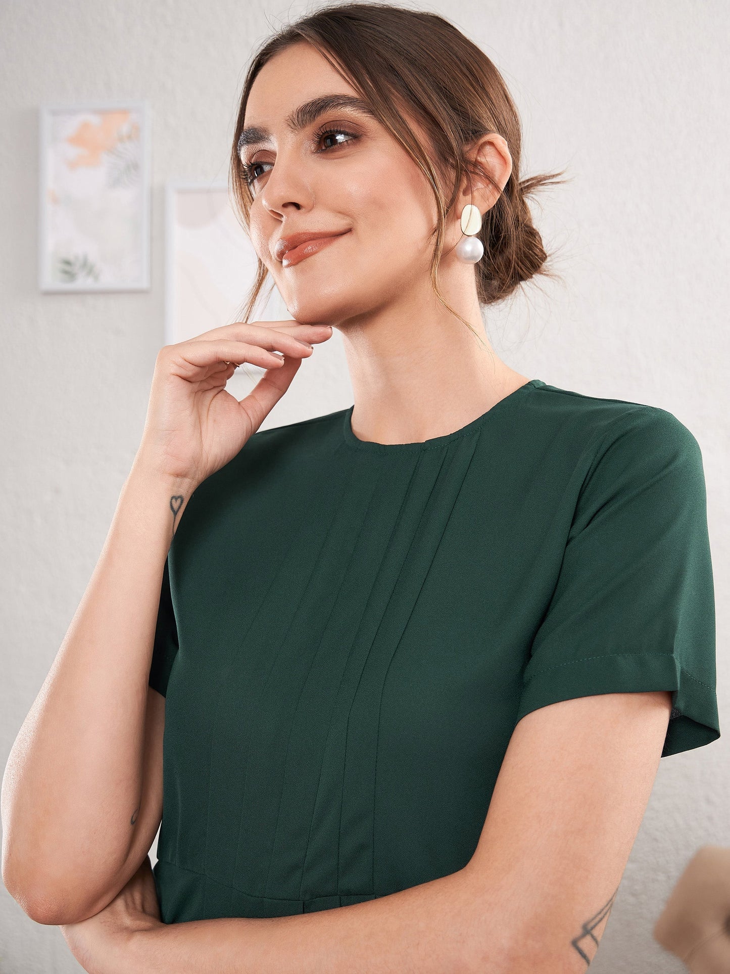 Women Emerald Green Front Pleated Peplum Top