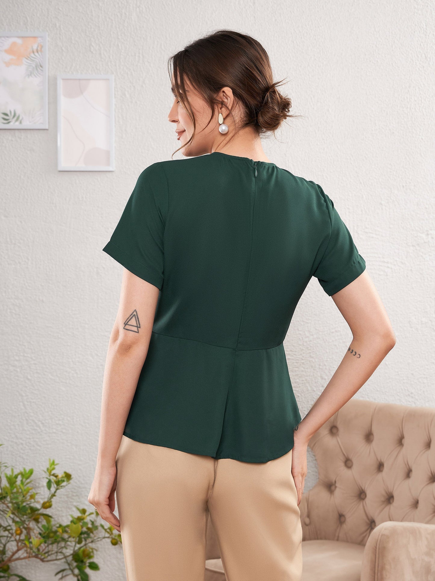 Women Emerald Green Front Pleated Peplum Top