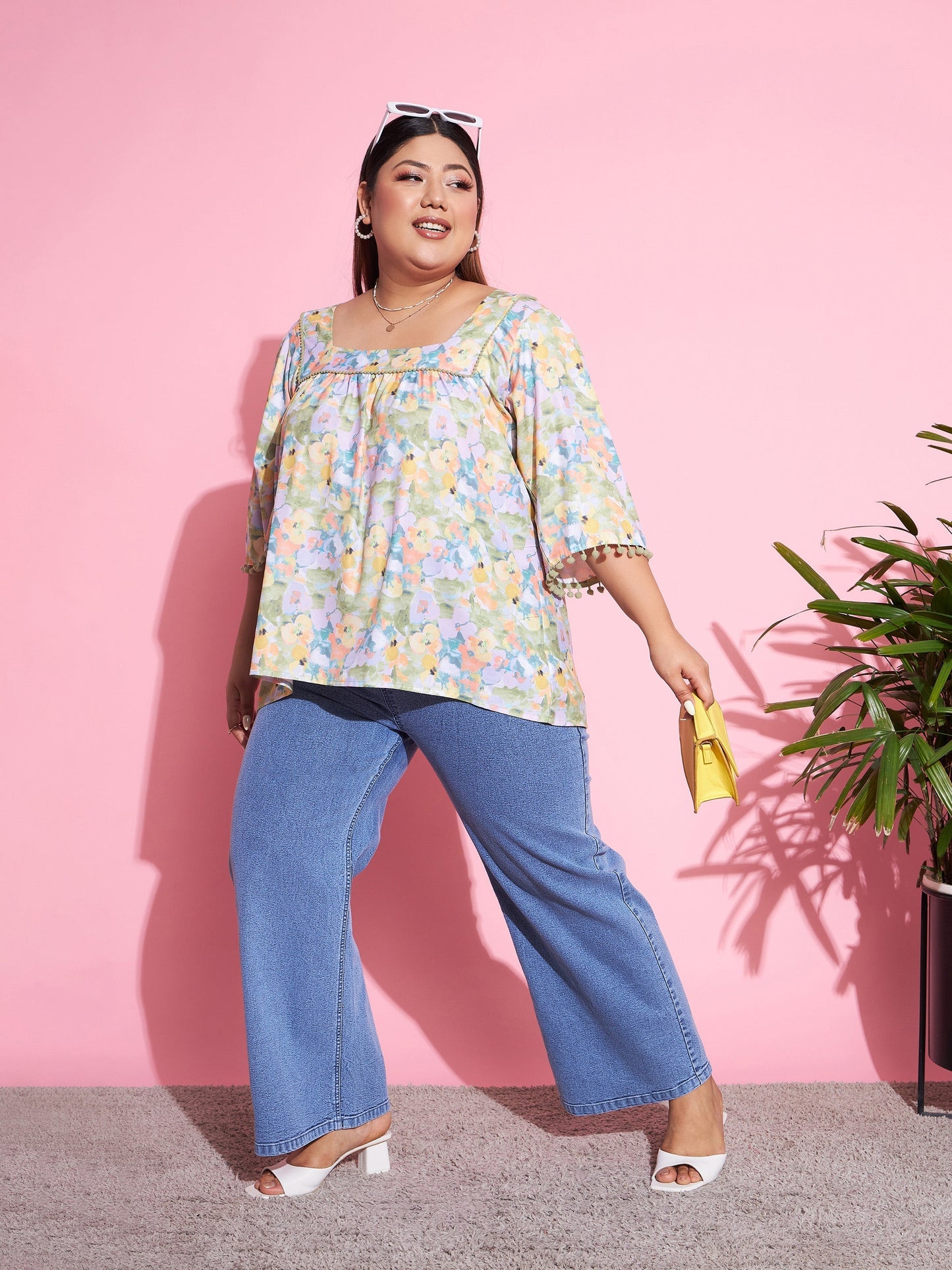Women Green Floral Square Neck Top