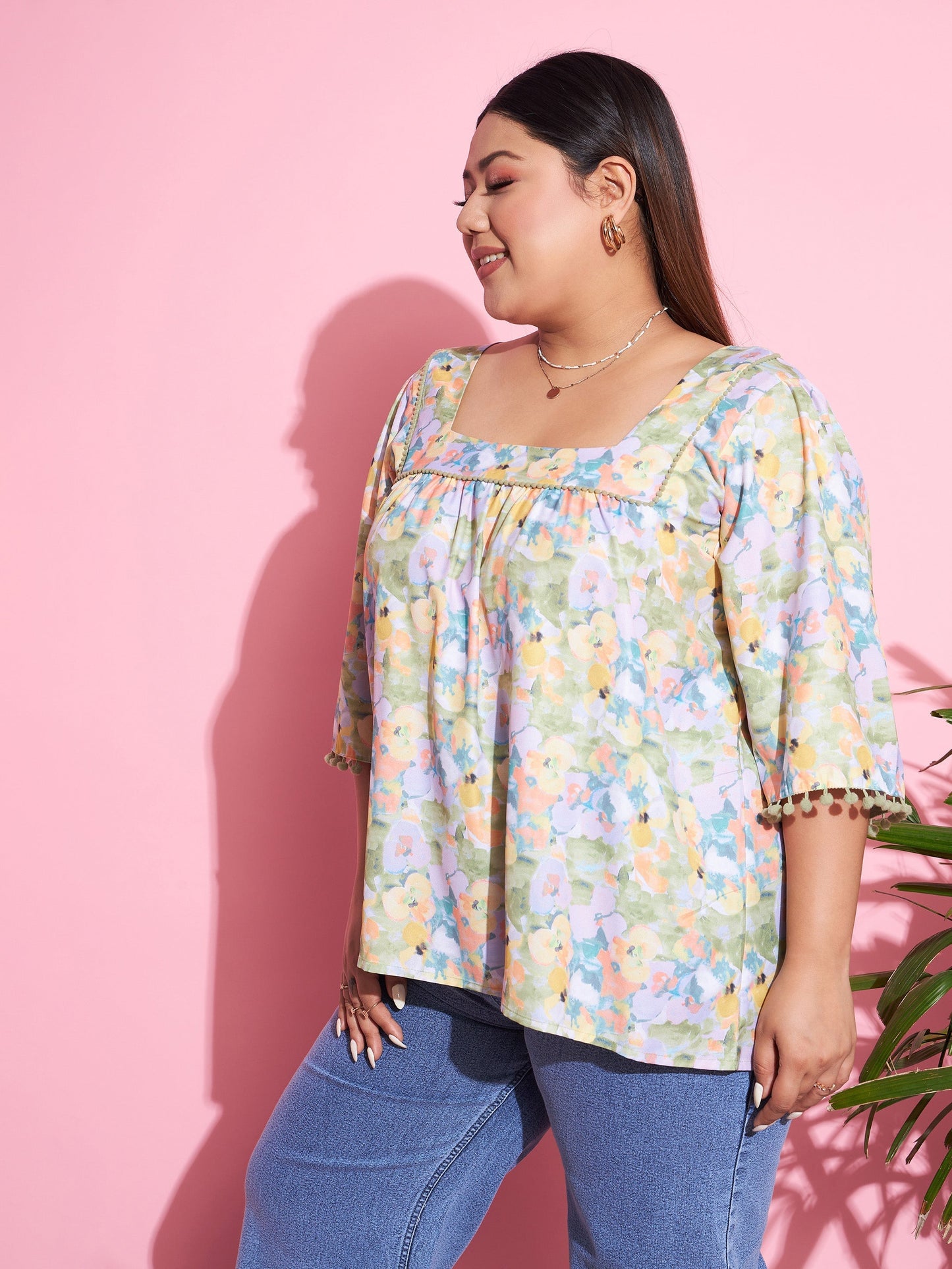 Women Green Floral Square Neck Top