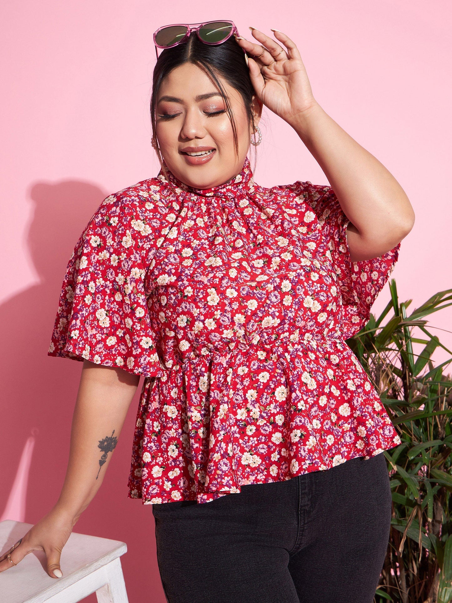 Women Red Floral Back Tie-Up Top