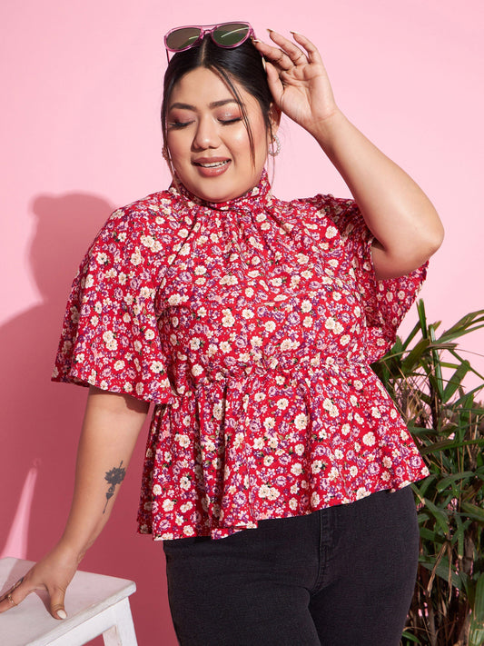 Women Red Floral Back Tie-Up Top