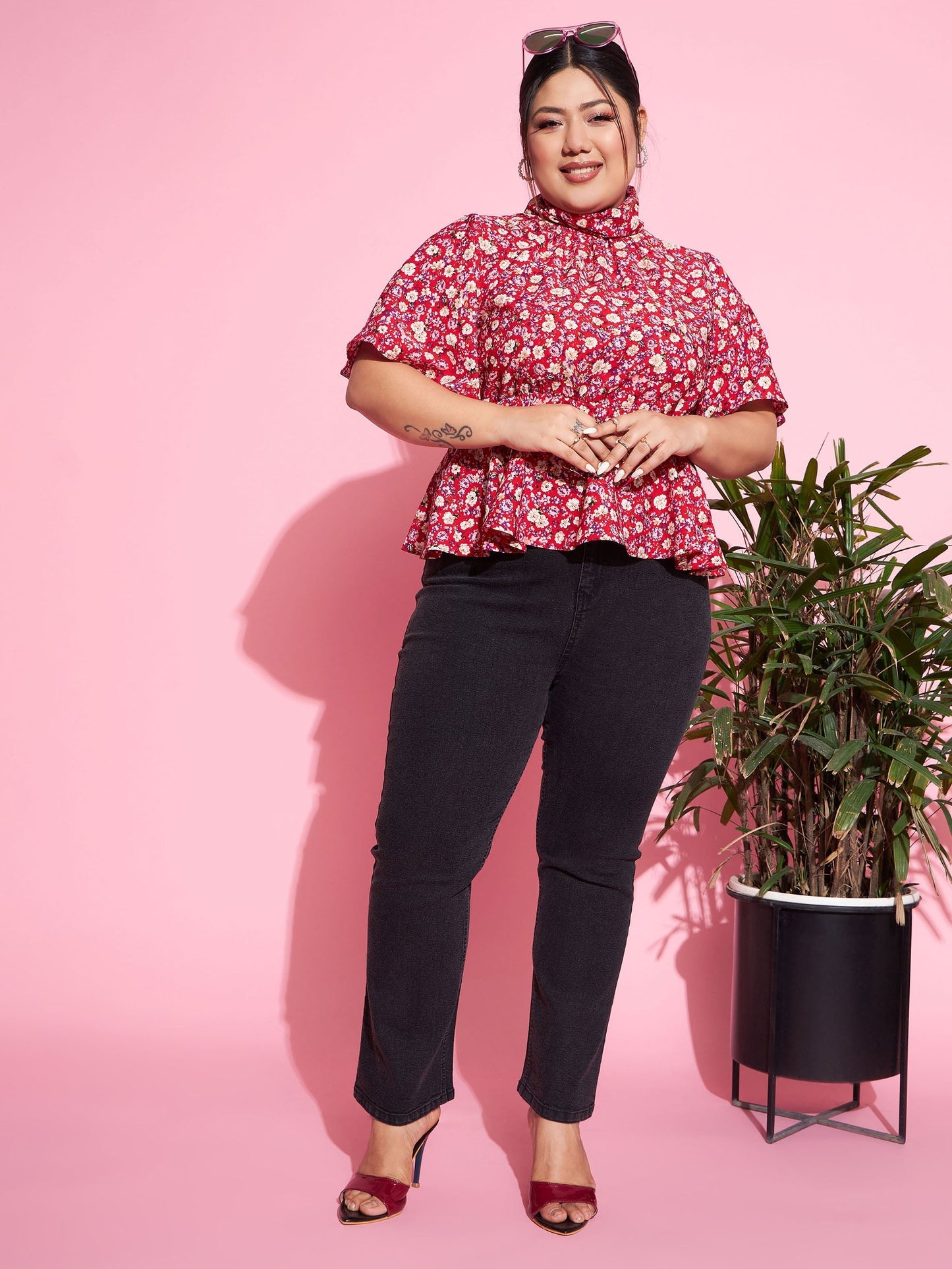 Women Red Floral Back Tie-Up Top