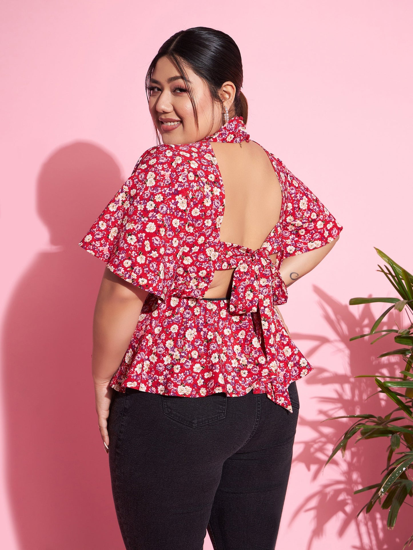 Women Red Floral Back Tie-Up Top