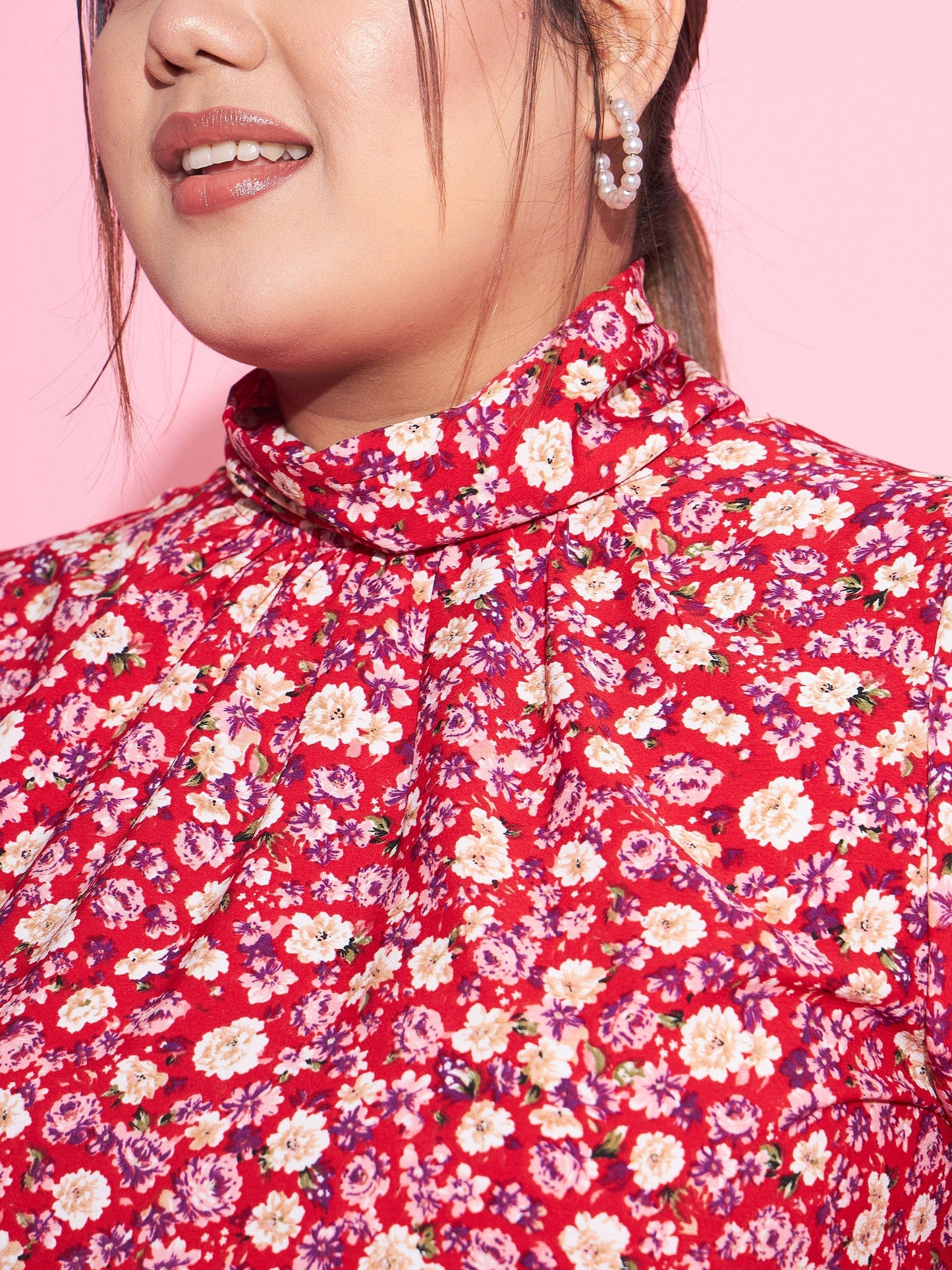 Women Red Floral Back Tie-Up Top