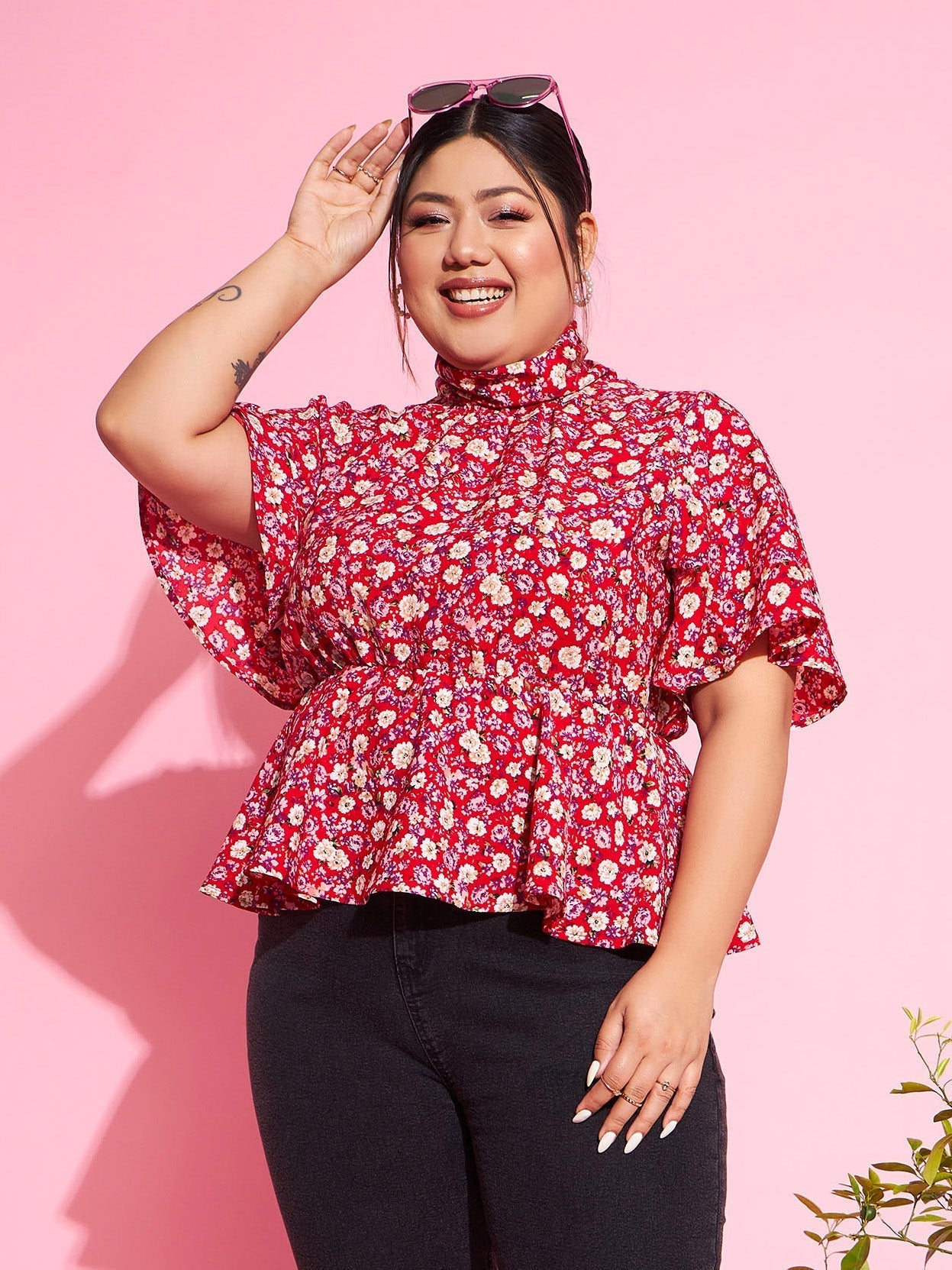 Women Red Floral Back Tie-Up Top