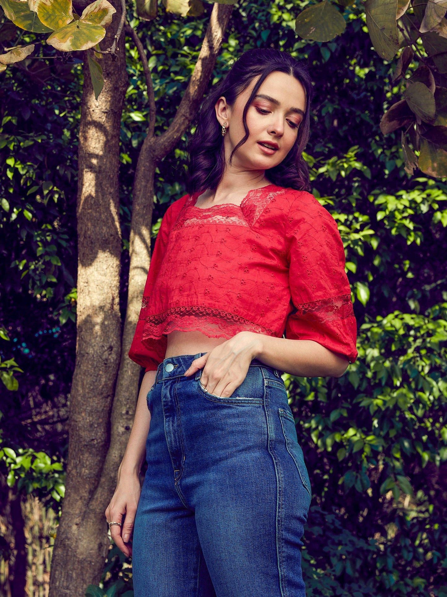 Women Red Schiffli Square Neck Crop Top
