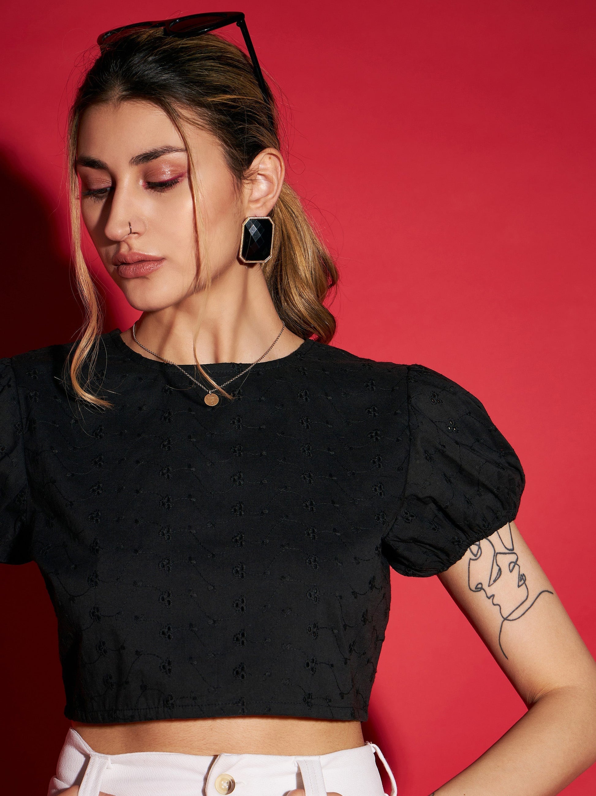 Black Schiffli Back Dori Detail Crop Top-SASSAFRAS