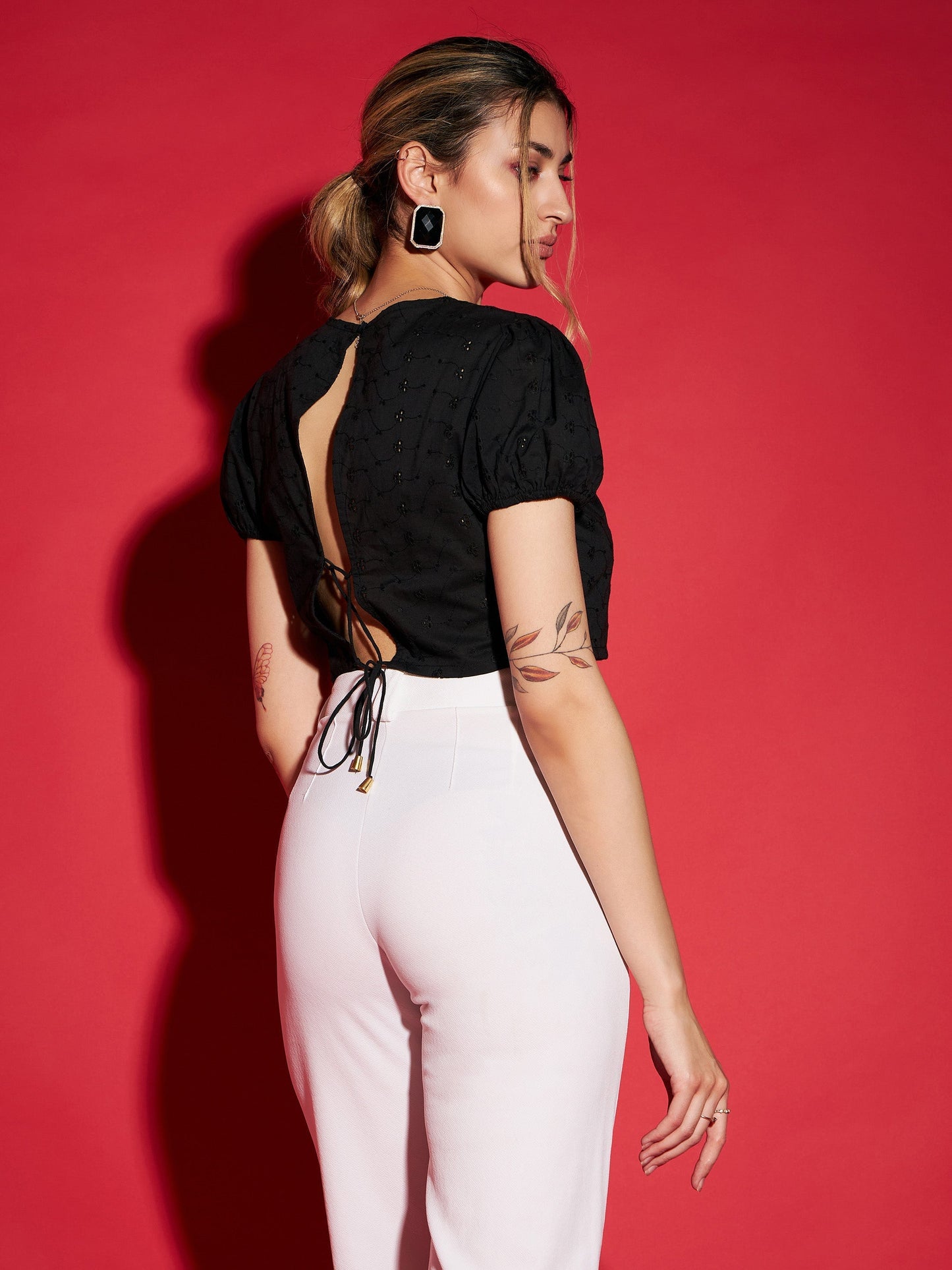 Black Schiffli Back Dori Detail Crop Top-SASSAFRAS