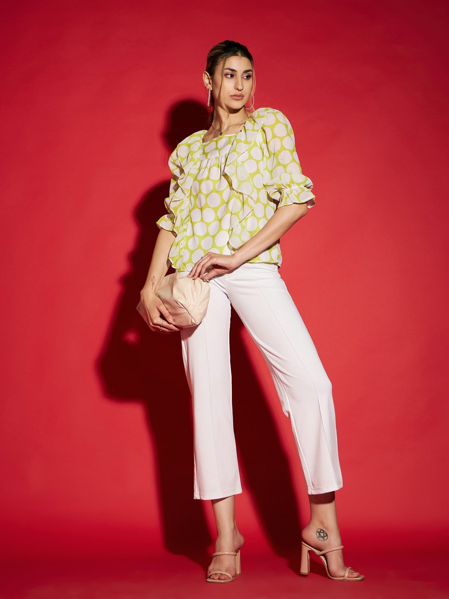 Women Green Polka Dot Square Neck Frill Detail Top