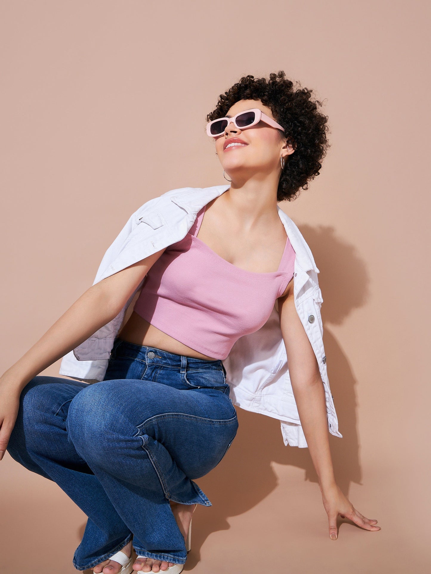 Women Dull Pink Rhombus Neck Ribbed Crop Top