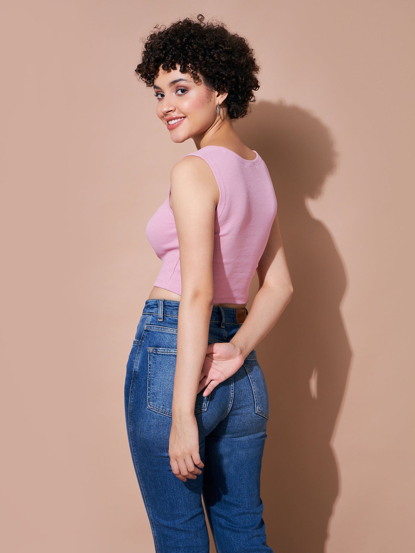 Women Dull Pink Rhombus Neck Ribbed Crop Top