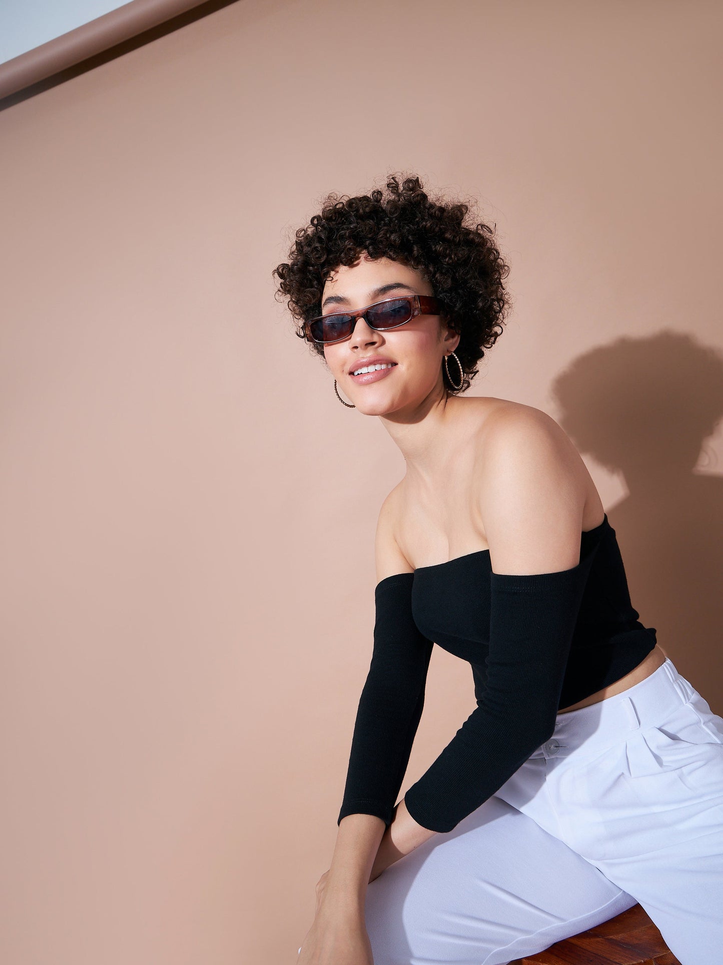 Women Black Rib Bardot Crop Top