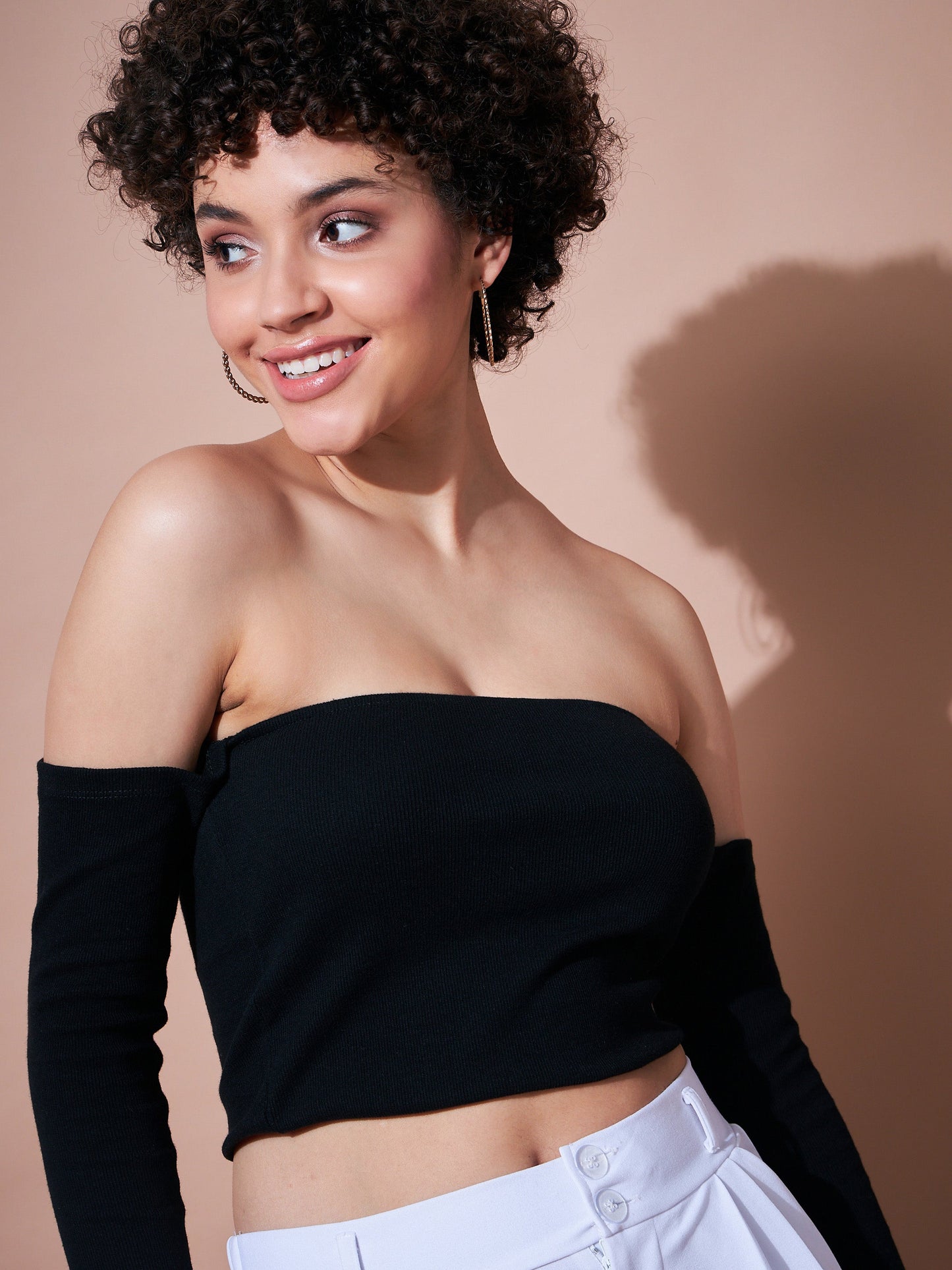 Women Black Rib Bardot Crop Top