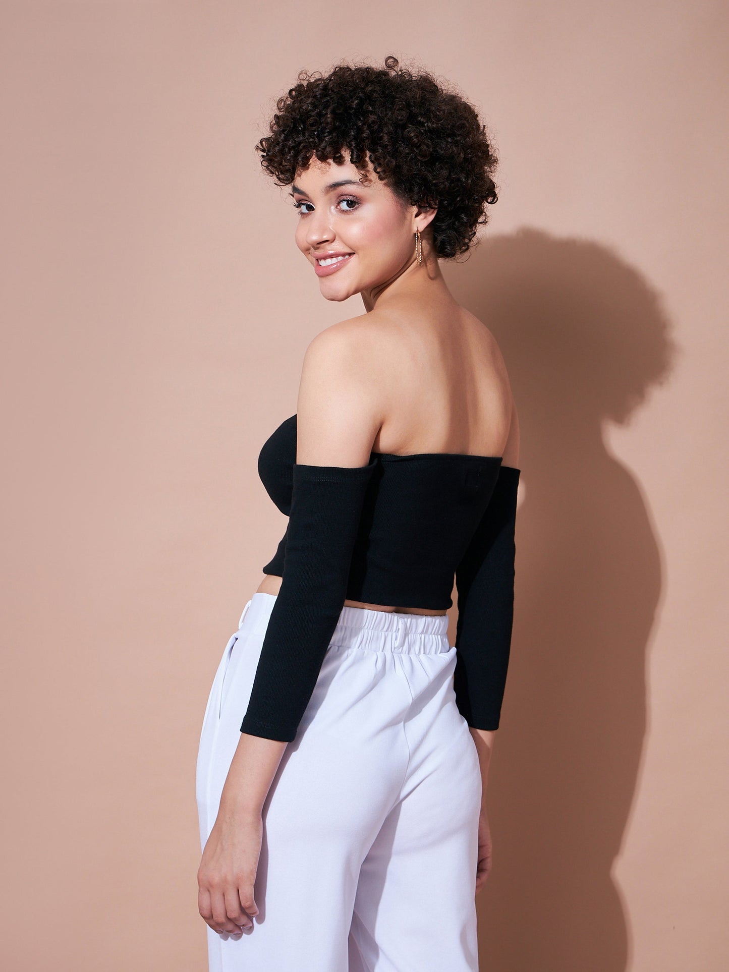 Women Black Rib Bardot Crop Top