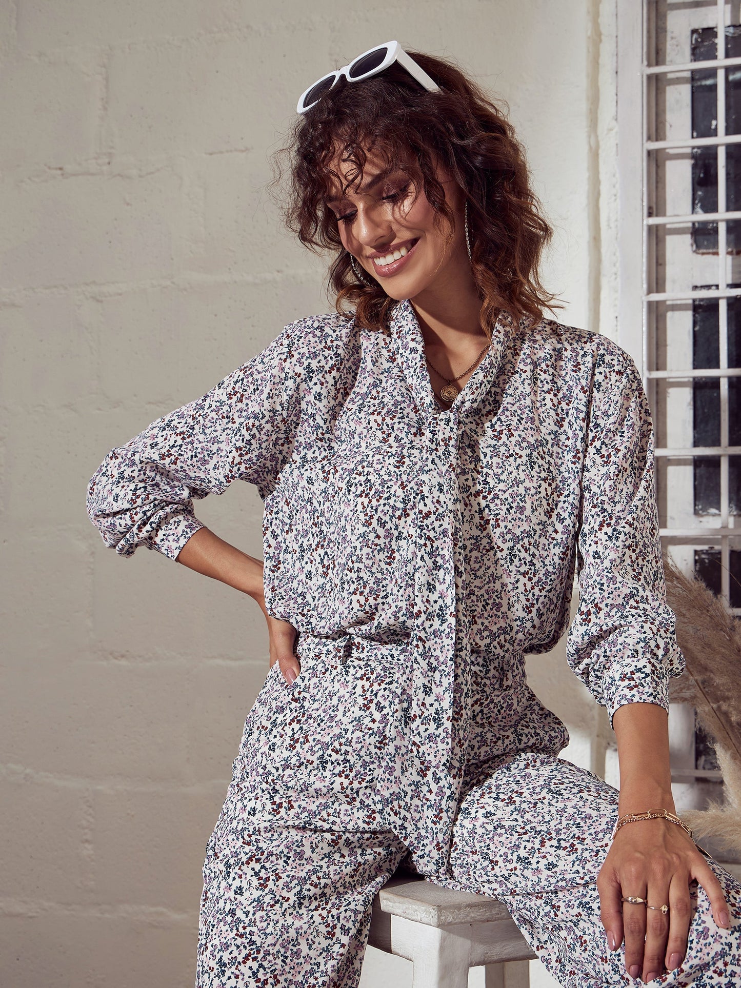 Cream Ditsy Floral Neck Tie Top-SASSAFRAS