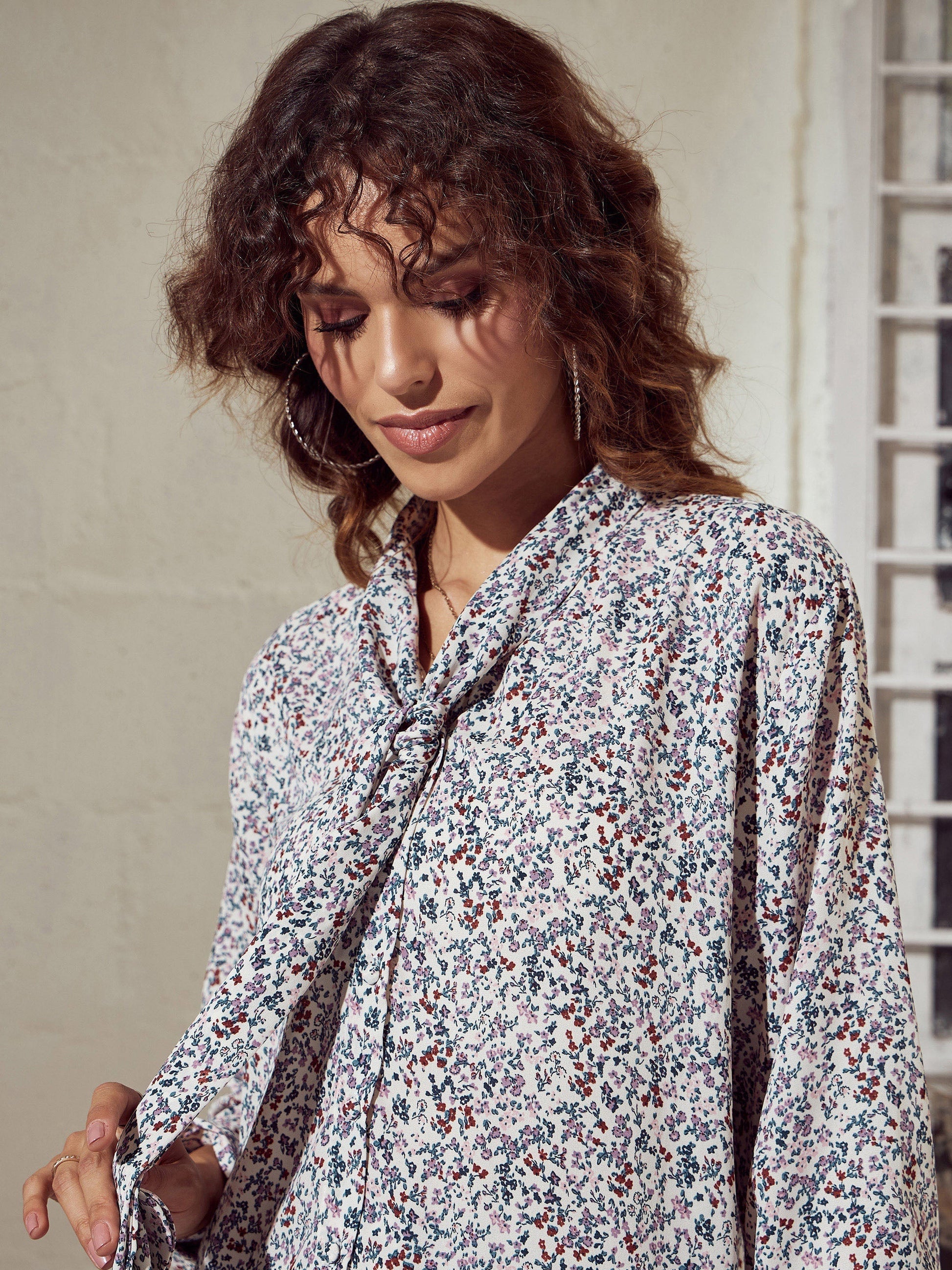 Cream Ditsy Floral Neck Tie Top-SASSAFRAS