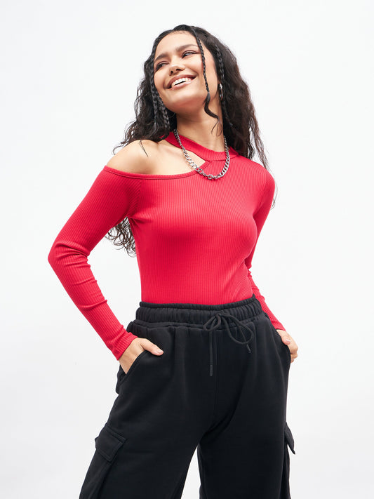 Women Pink High Neck Shoulder Cut Out Rib Top