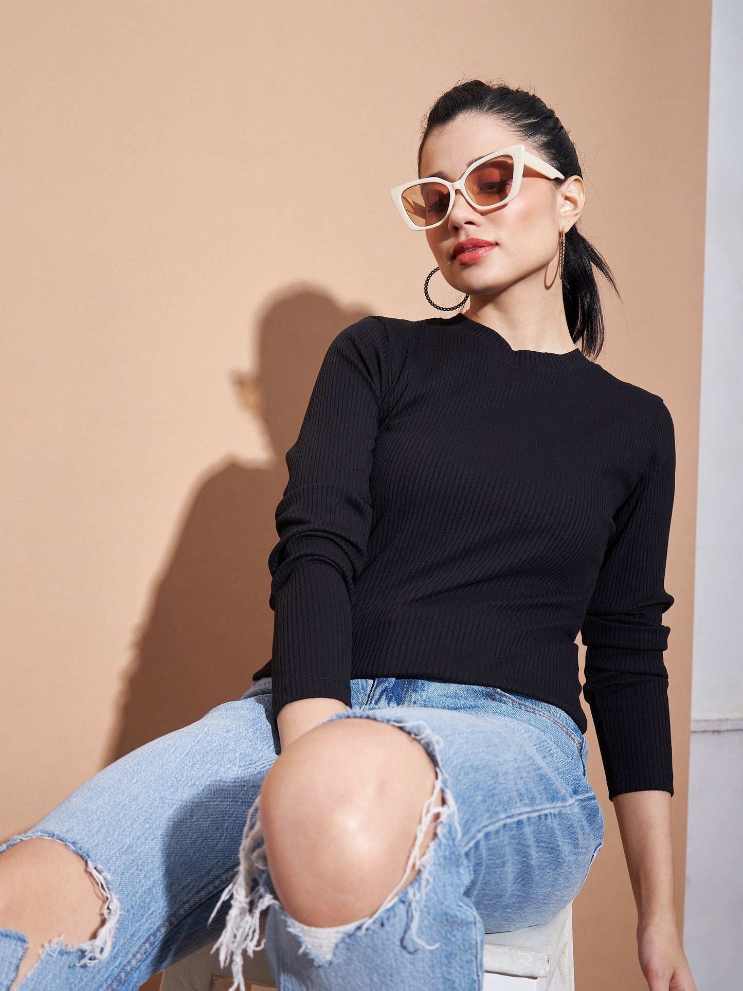 Women Black Full Sleeves Rib Top