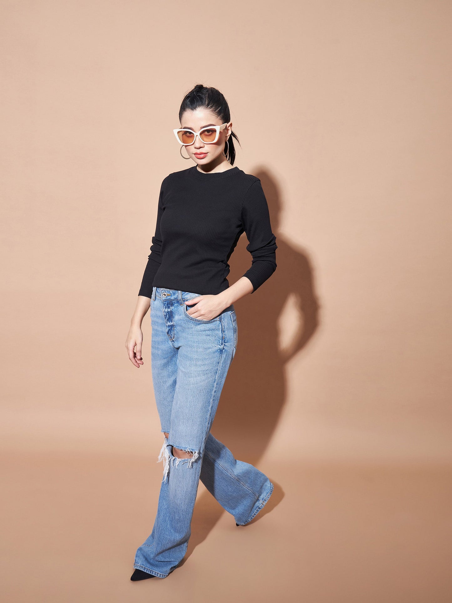 Women Black Full Sleeves Rib Top