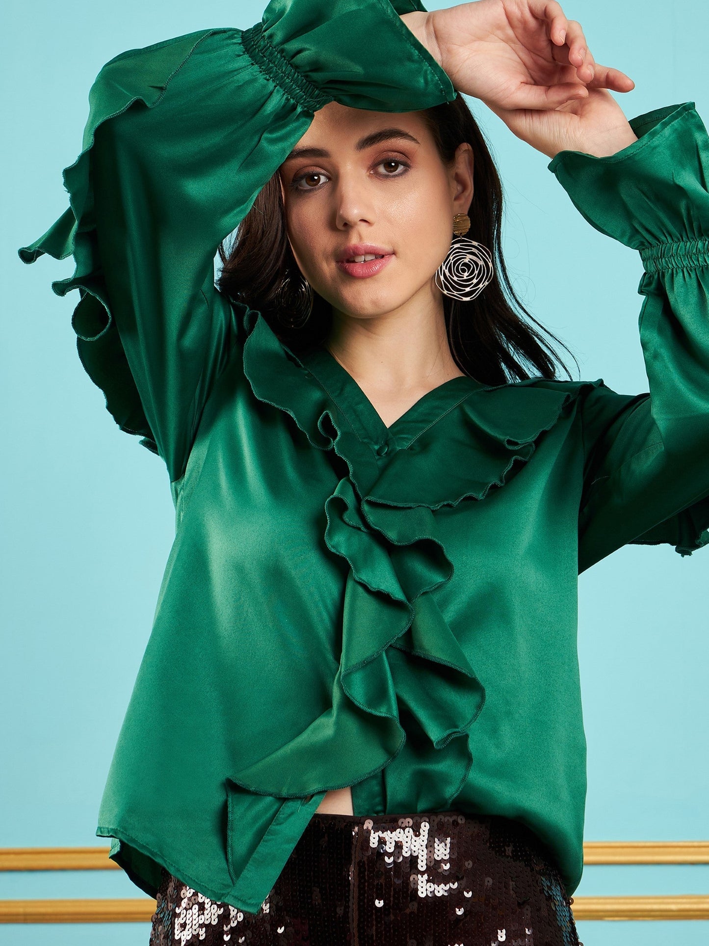 Women Green Satin Frill Top