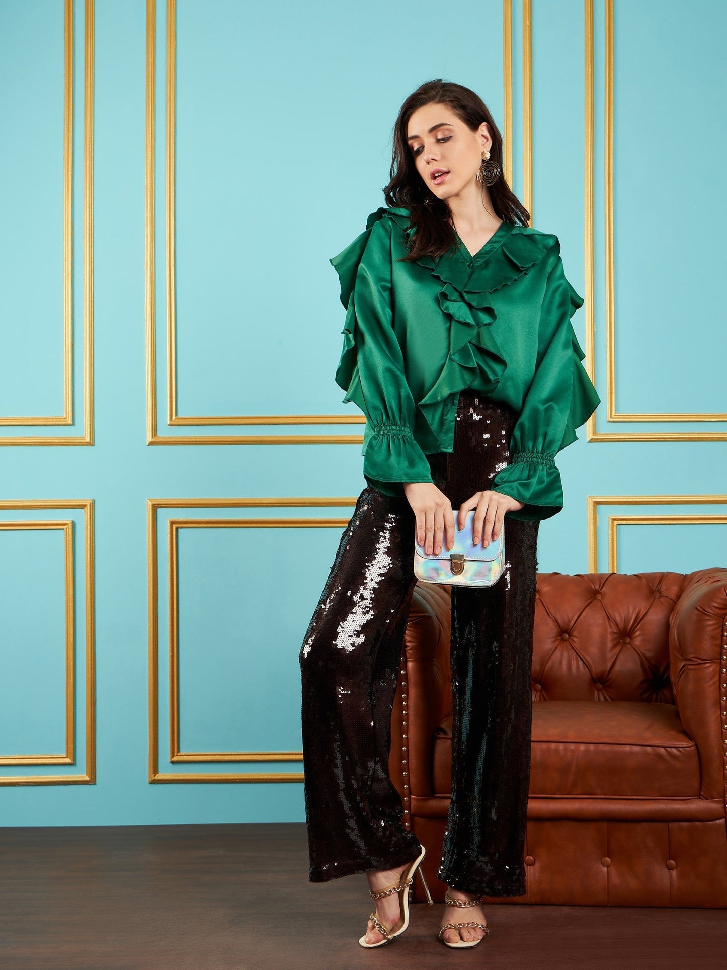 Women Green Satin Frill Top
