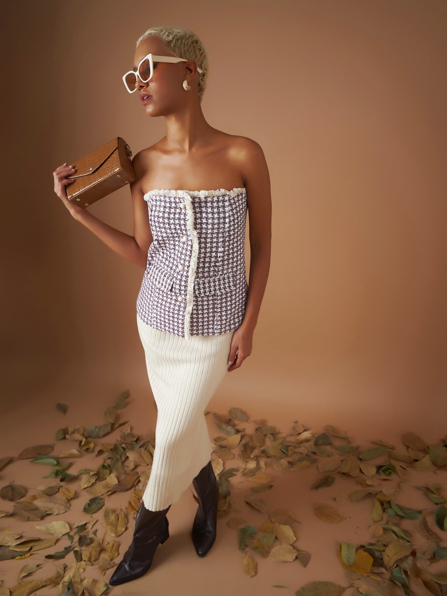 Women Burgundy Jacquard Geo Tweed Corset Top