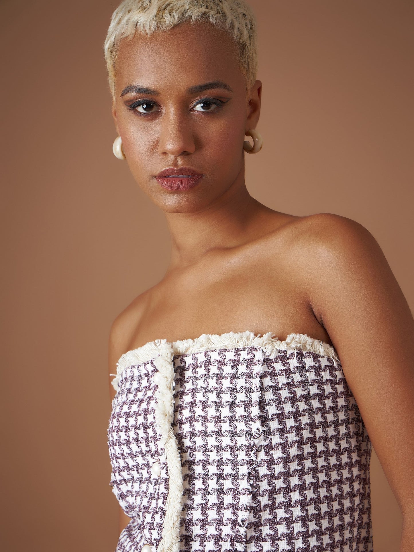 Women Burgundy Jacquard Geo Tweed Corset Top