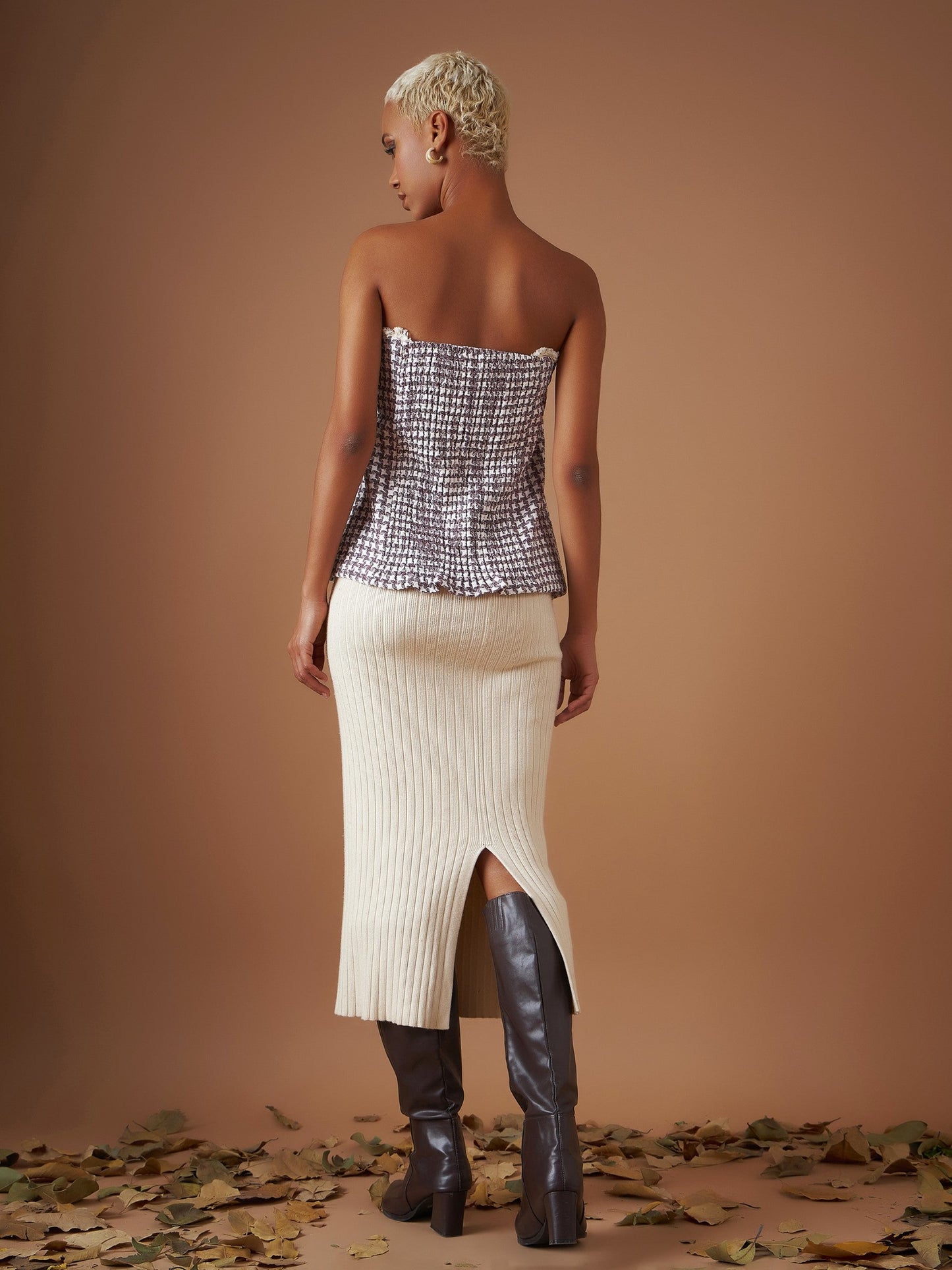 Women Burgundy Jacquard Geo Tweed Corset Top