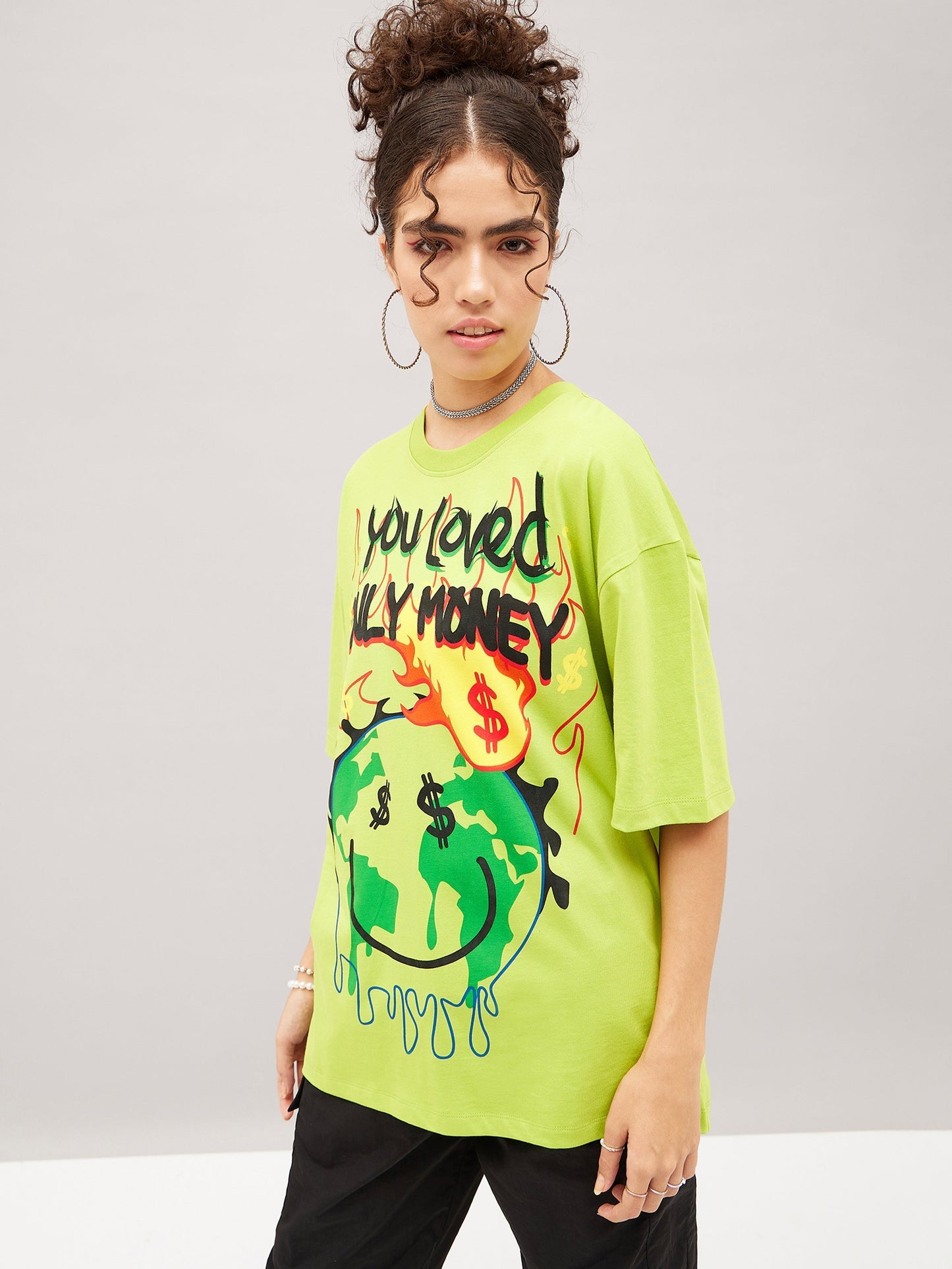 Women Green You Love Only Money Oversized T-Shirt