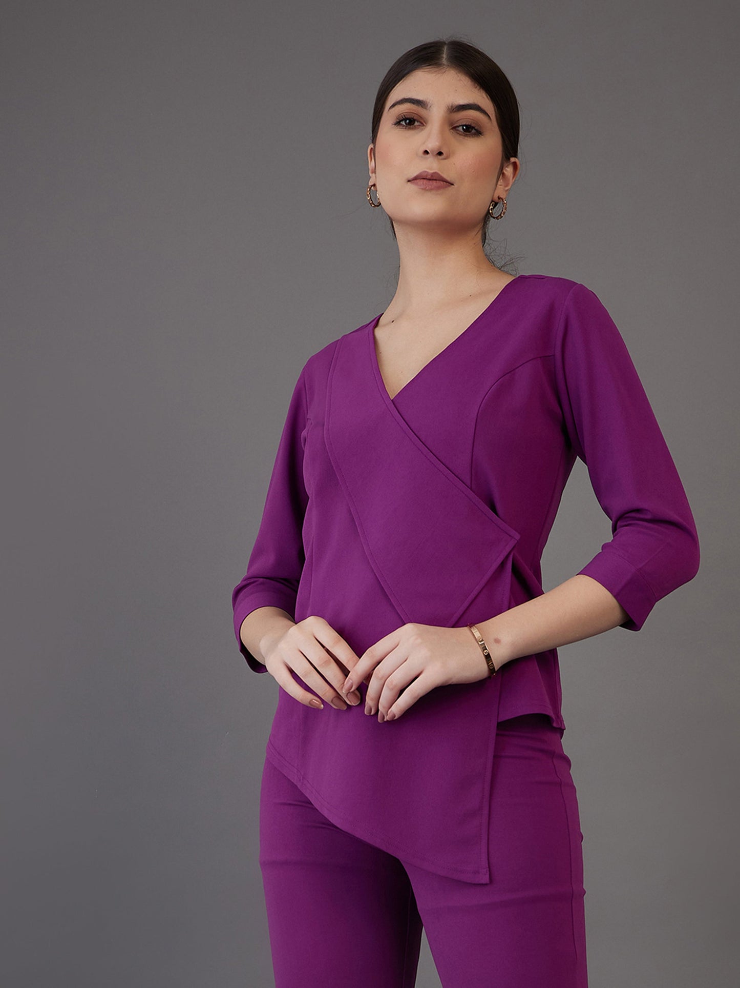 Purple Wrap Neck Asymmetric Top-SASSAFRAS worklyf
