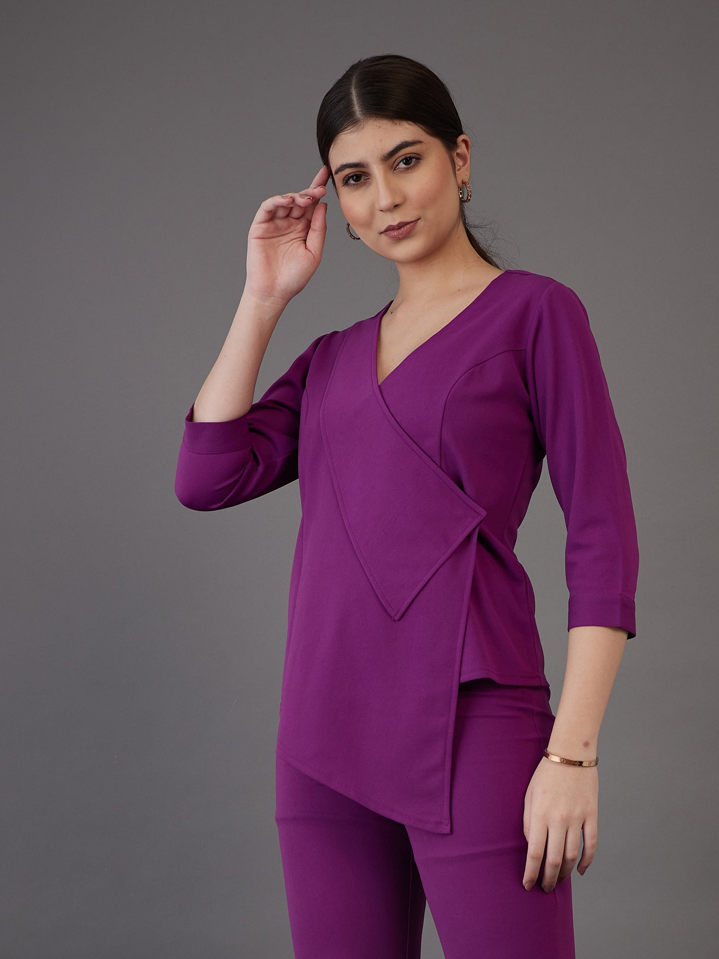 Purple Wrap Neck Asymmetric Top-SASSAFRAS worklyf