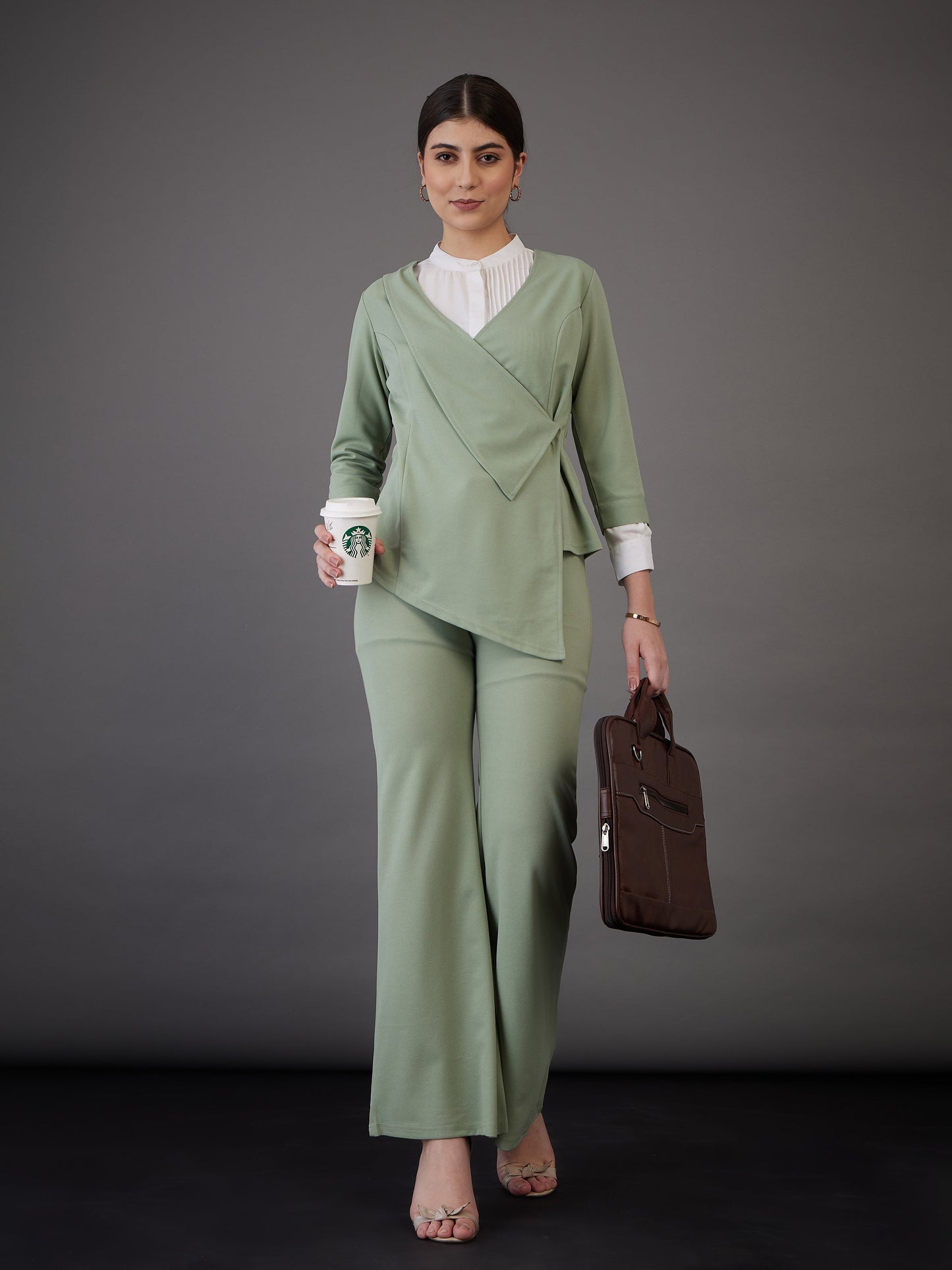 Women Green Wrap Neck Asymmetric Top
