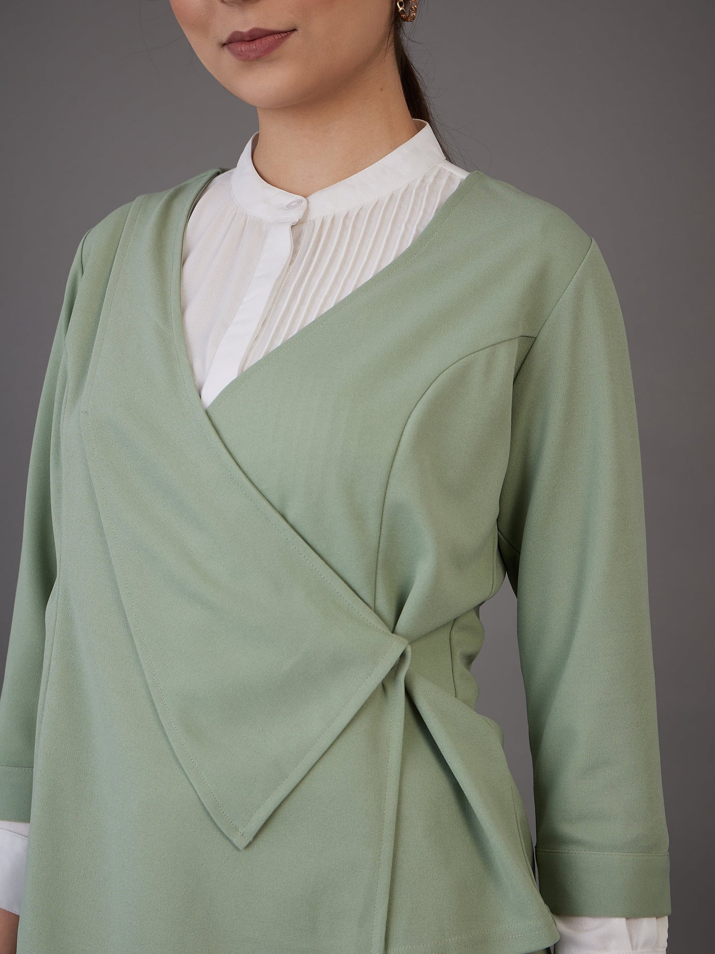 Women Green Wrap Neck Asymmetric Top