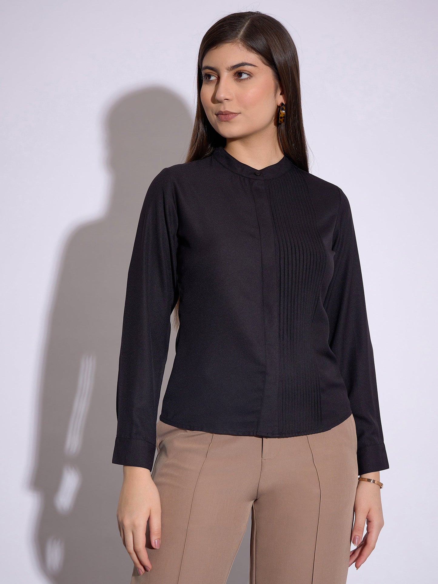 Women Black Front Pin Tuck Shirt Style Top