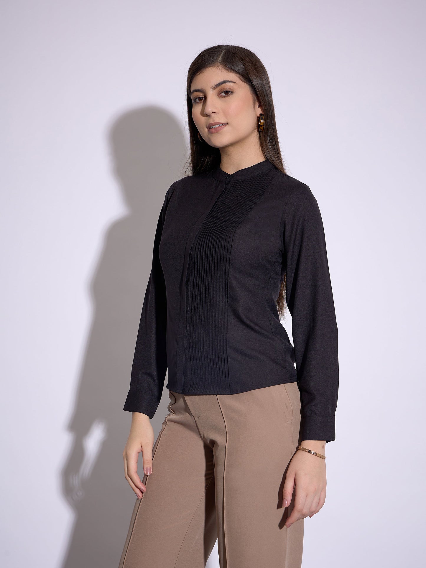Women Black Front Pin Tuck Shirt Style Top