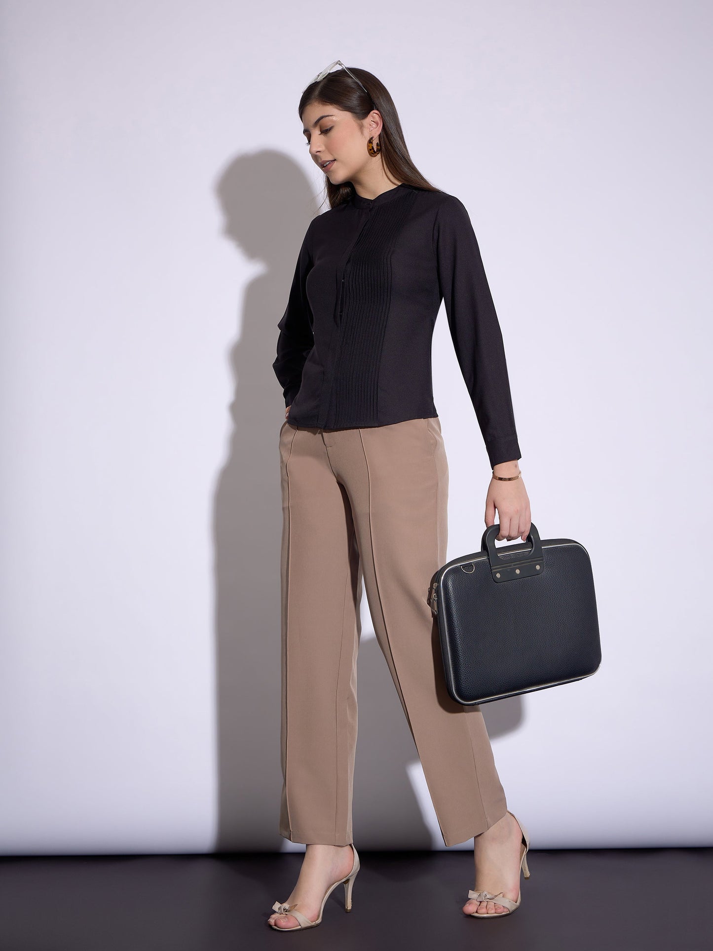 Women Black Front Pin Tuck Shirt Style Top